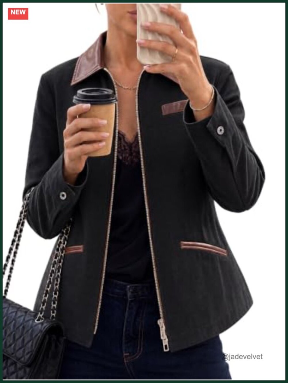 Womens Cropped Barn Jacket Faux Leather Collar Zip Up Coat